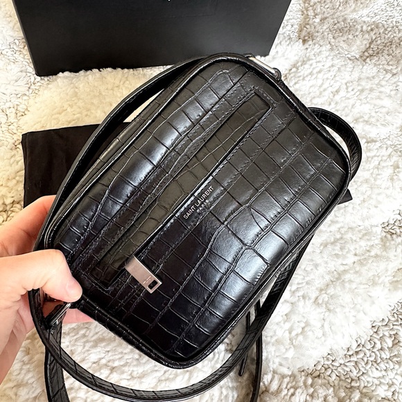 Saint Laurent Black Leather Croc Embossed Crossbody Camera  Bag - Picture 7 of 15